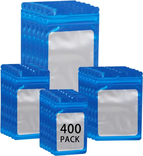 Vista 17 de Paquete de 400 bolsas holográficas de Mylar resellables de 4 tamaños, bolsas para almacenamiento de alimentos, a prueba de olores, con ventana