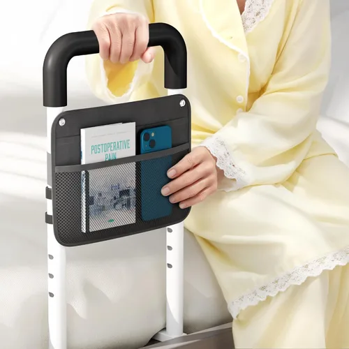 Vista 2 de Barandillas de cama para adultos mayores de seguridad - Diseño ajustable de tubo plano para personas mayores con bolsillo de almacenamiento y asa
