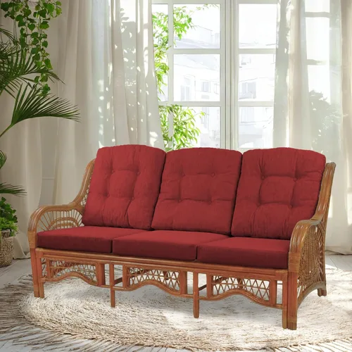 Vista 25 de Malibu Lounge Sofá de tres plazas de mimbre de ratán natural, diseño hecho a mano (cojines marrón claro, colonial)