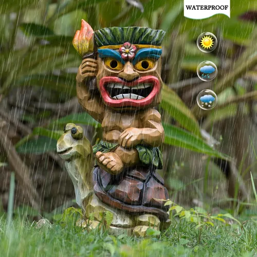 Vista 7 de Estatua de Tiki para exteriores con decoración de tortuga, figura de jardín con energía solar, arte Tiki para Tiki bar, patio trasero, jardín