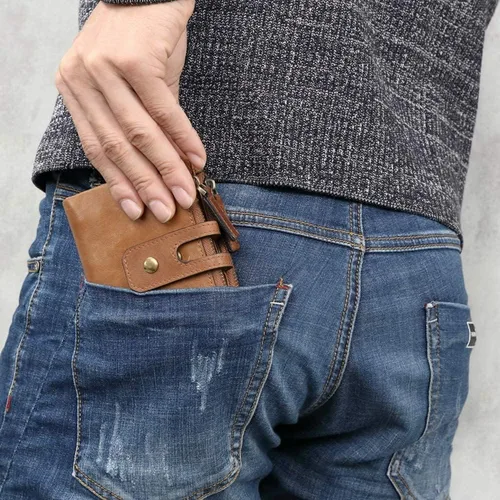 Vista 6 de MING CLAN Cartera para hombre con cremallera, Tabaco, Vintage