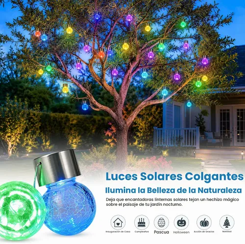 Vista 2 de Solpex Luces solares colgantes al aire libre, paquete de 8 luces decorativas de bola de vidrio agrietado, iluminación solar impermeable, luces