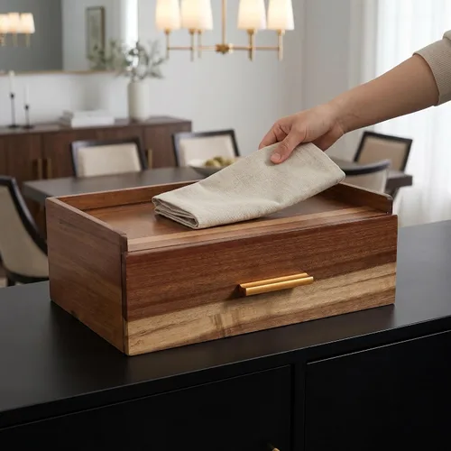 Vista 7 de Caja de té de madera de acacia con 8 compartimentos y cajón