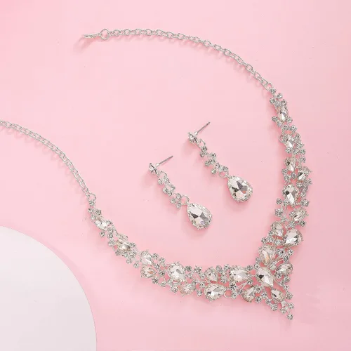 Vista 3 de Paxuan - Collar de plata con cristales de imitación para boda aretes brazalete corona tiara juegos de joyería para novias damas de honor vestidos