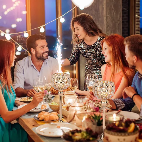 Vista 3 de Juego de 2 portavelas de cristal dorado con base de alta resistencia, portavelas con luces de té brillantes, decoración de mesa de comedor, centro