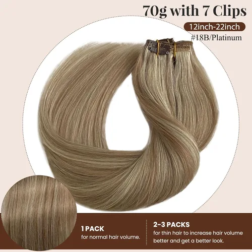 Vista 5 de Extensiones de cabello humano real con clip, de 12 pulgadas, para mujer, color rubio plateado, balayage, 2.47 oz, 7