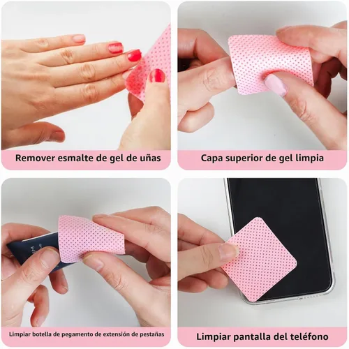 Vista 6 de 200 almohadillas de algodón para uñas, 1 botella dispensadora de bomba extraíble, toallitas de pegamento para pestañas suaves no tejidas Rosa