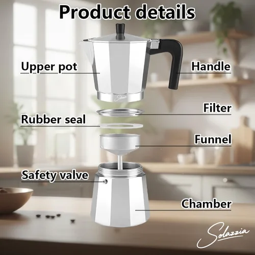 Vista 6 de Cafetera de café expreso italiano para estufa de 3 tazas, cafetera cubana, olla Greca Mocha (básica, 5 oz/5.1 fl oz)