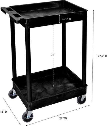 Vista 4 de Luxor Mobile - Carrito multiusos de 37.5 pulgadas de alto con 2 estantes y mango de empuje, color negro