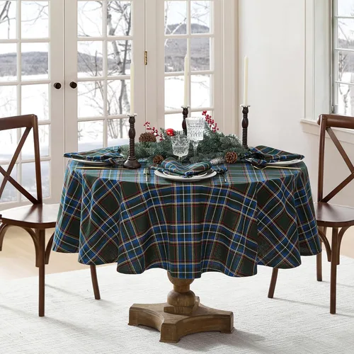 Vista 2 de Elrene Home Fashions - Mantel redondo de Navidad con tartán de Stowe, estampado navideño de Navidad/Invierno de algodón, 177,8 cm x 177,8 cm, verde