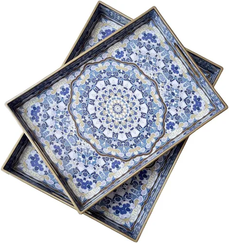 Vista 12 de Bandeja de servir azul con 4 asas, bandeja decorativa de plástico para mesa de café, otomana - Ideal para sala de estar y baño. 15 x 11 x 1.9