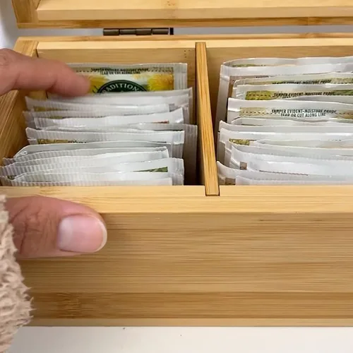 Vista 3 de Caja Organizadora de Té de Bambú Libre de Químicos Ecológica Grande, Alta, Compartimentos Ajustables Cofre de Almacenamiento de Madera Natural