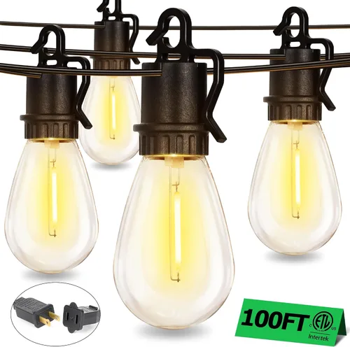 Vista 7 de Guirnalda de luces para exteriores de 100 pies con 35 ofertas de patio inastillables S14 bombillas Edison vintage E12, luces regulables de 2700 K
