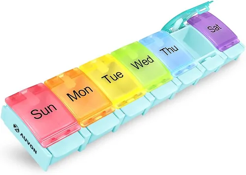 Vista 10 de AUVON Organizador semanal de pastillas apto para artritis, sin BPA, estuche pastillero de viaje de 7 días con diseño de apertura por resorte