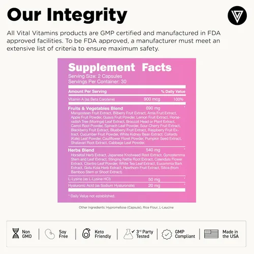 Vista 6 de Vital Vitamins Suplemento de Colágeno Vegano - con Sílice y Ácido Hialurónico - Suplementos de Colágeno a Base de Plantas - Apoya el Cabello