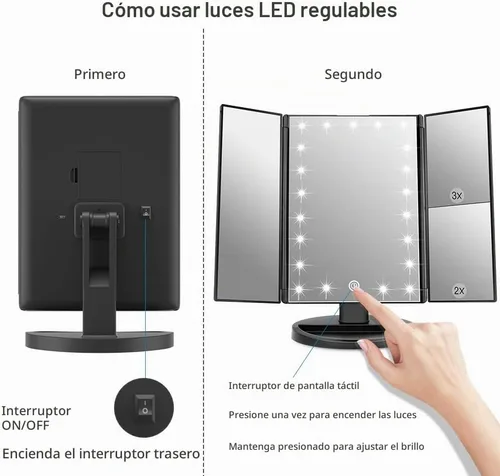Vista 5 de WEILY Espejo de maquillaje con 21 luces LED, dos modos de fuente de alimentación, pantalla táctil ajustable y espejo de tocador de tres pliegues