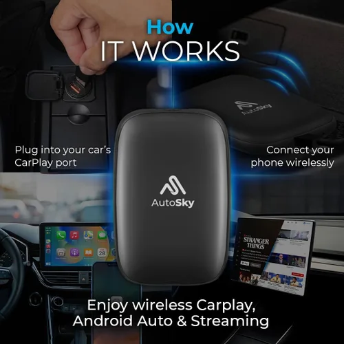 Vista 5 de AutoSky AI Box Lite – Adaptador inalámbrico para CarPlay y Android Auto para CarPlay de fábrica (2016+) – Soporta transmisión de YouTube y Netflix