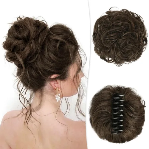 Vista 11 de RUWISS Extensiones de cabello humano real, ondulado y rizado, moño despeinado, cola de caballo para mujer (12H24# castaño rojo/rubio mediano)