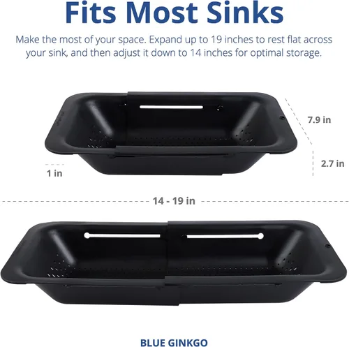 Vista 5 de BLUE GINKGO Cesta coladora para colocar sobre el fregadero, lavar verduras y frutas, escurrir la pasta cocida y platos secos, extensible, artículos