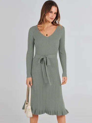 Vista 2 de ANRABESS Vestido tipo suéter de manga larga con cuello en V para mujer, plisado, ajustado, acanalado, de punto, con cinturón