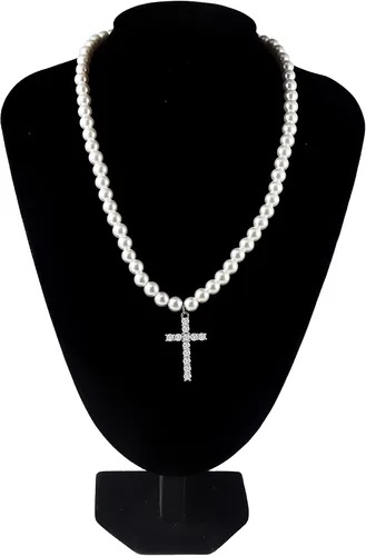 Vista 4 de Caiyao Collar de perlas para hombre, collar de perlas blancas para mujer, collar de gargantilla de perlas redondas de imitación, collar con colgante