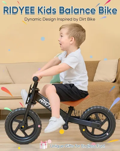Vista 2 de RIDYEE Bicicleta de equilibrio para niños de 2 a 5 años con ajuste sin herramientas, dirección limitada, reposapiés, placa de nombre personalizada