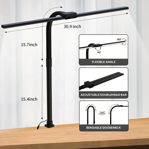 Vista 6 de Lámpara de Escritorio LED para Oficina en Casa, Luz de Escritorio que Cuida los Ojos con Abrazadera, Lámpara de Trabajo de Arquitecto de Doble