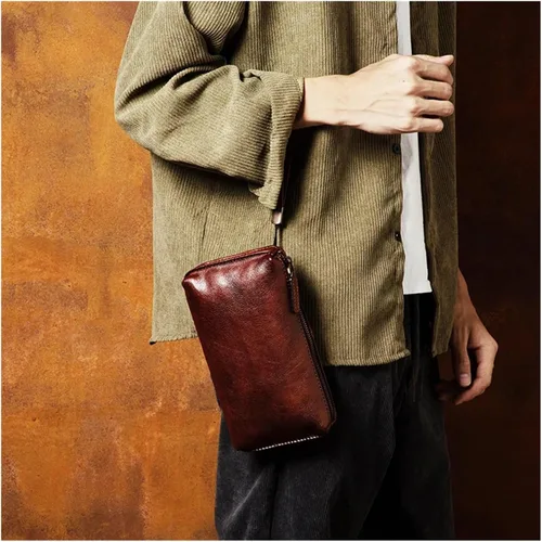 Vista 5 de Mens Purse Retro Leather Handbag MEN'S Long Money Baotou Layer Zipper Wallet Clutch Bag