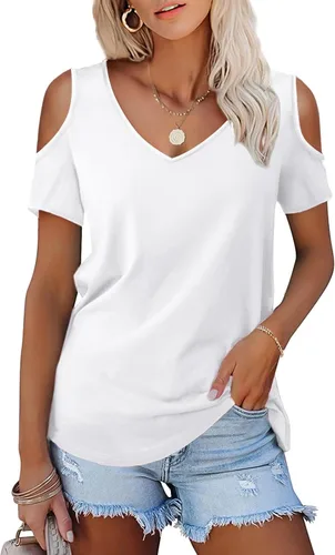 Vista 16 de Amoretu - Camisetas de manga corta con hombros descubiertos, cuello en V, blusa y túnica para mujer A: Negro