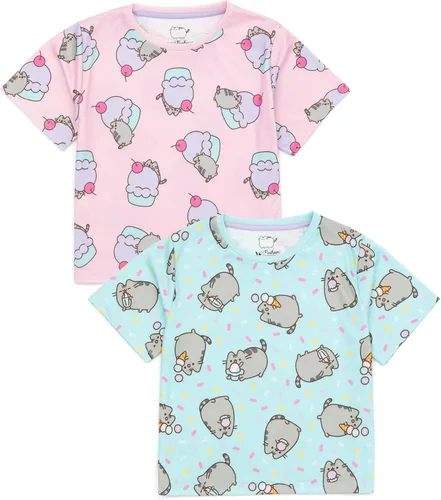 Vista 5 de Pusheen Conjunto de pijama para niñas de 2 unidades Camiseta de manga corta azul y rosa para niños y pantalones cortos Lindo pijama de gato