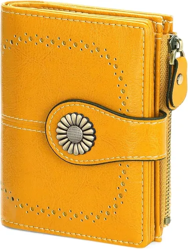 Vista 9 de SENDEFN - Billetera pequeña para mujer de cuero con doble solapa, portatarjetas con bloqueo RFID, bolsillo con cremallera para monedas 1-cera-rosa