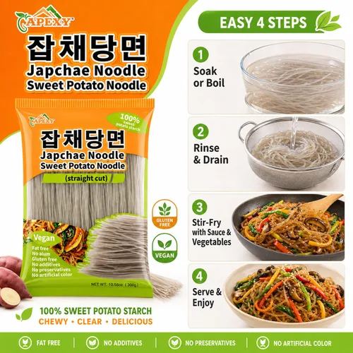 Vista 5 de APEXY Fideos de vidrio de batata corte recto, fideos japchae, pasta de fideos coreanos, sin grasa y sin gluten, 100% almidón de batata, sin