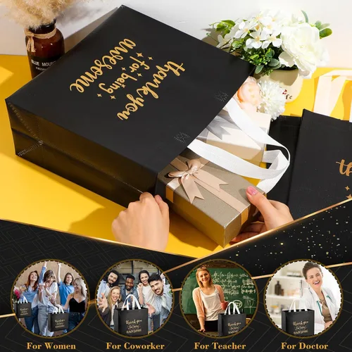 Vista 2 de Sanwuta - 12 bolsas de regalo de agradecimiento al equipo con asa para profesores, empleados, compañeros de trabajo, personal a granel, Negro