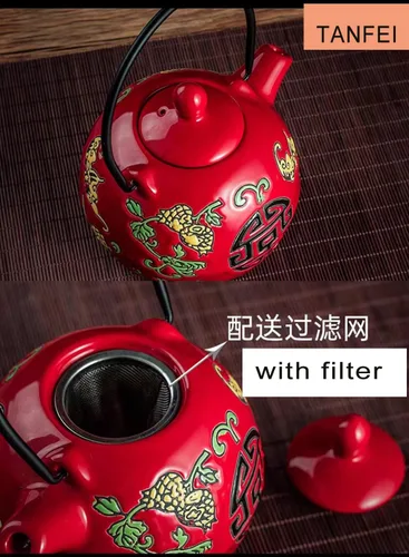 Vista 3 de Juego de té de cerámica tradicional chino de la boda retro rojo doble felicidad tetera taza de té recién casados regalo suministros de boda