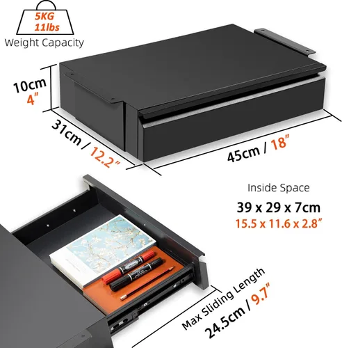 Vista 3 de 1 Paquete Cajón Bajo Escritorio 18", Organizador de Almacenamiento Extraíble con Extensión Deslizante Grande Montado Bajo Mesa de Madera Plana