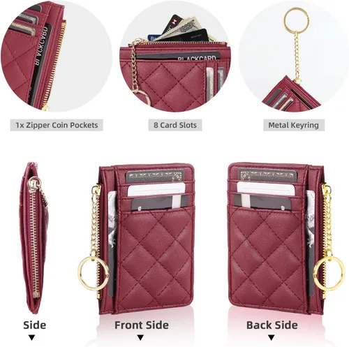 Vista 7 de Soporte para tarjetas de crédito, cartera delgada con llavero con bolsillo frontal para monedas, bolsillo frontal pequeño para mujer, color rojo