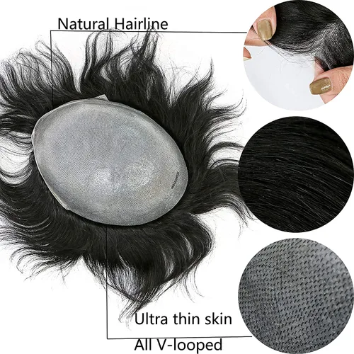 Vista 2 de Peluca de piel ultrafina de 0.003 in para hombres, 100% cabello humano virgen europeo, pelucas de repuesto de cabello humano real, 8x10 pulgadas, #1