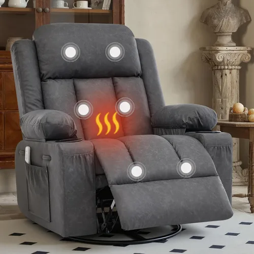 Vista 9 de Rocker - Silla reclinable con calor y masaje, silla reclinable giratoria de 360° para adultos, asiento de sofá individual reclinable de gran