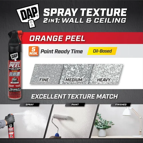 Vista 6 de DAP Spray Texture - Spray de textura de cáscara de naranja a base de aceite 2n1 para pared y techo con boquilla Aim Tech, blanco, 25 onzas