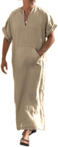 Vista 14 de COOFANDY - Bata de cuello en V de lino para hombre, manga corta, kaftán, thobe, túnica larga, camisa casual para playa, verano 01-Blanco