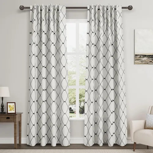 Vista 13 de Cortinas oscurecedoras de habitación con patrón geométrico negro de 80 pulgadas de largo para sala de estar, juego de 2 paneles, decoración clásica