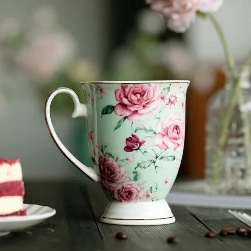 Vista 7 de BTT- Tazas de café grandes, 12 onzas, juego de 4, tazas florales para tazas de café, porcelana de porcelana, taza de té