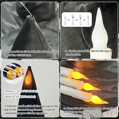 Vista 3 de Sombrero de bruja negro de Halloween con luz flotante iluminada con velas cónicas sin llama (con control remoto común) Murciélagos 3D calcomanías