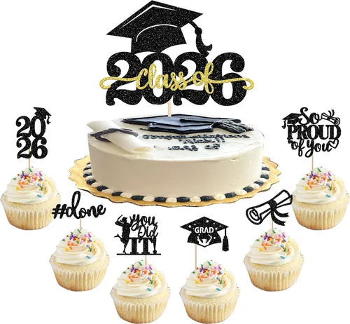 Vista 64 de Paquete de 24 adornos para cupcakes de clase de 2026 con purpurina 2026 para diploma de graduación 2026, selecciones para cupcakes para graduación