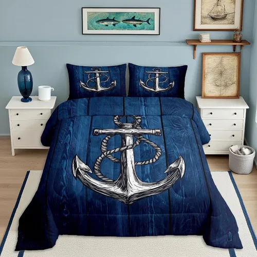 Vista 22 de Juego de edredón Lake House tamaño Twin, juego de ropa de cama náutica de navegación con ancla de 2 piezas para decoración de habitación de niños