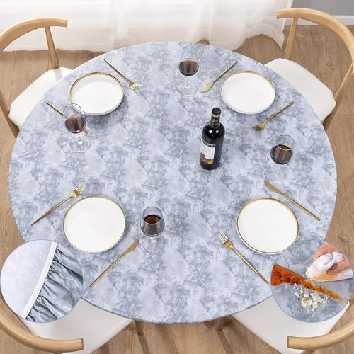 Vista 11 de UMINEUX - Mantel redondo de vinilo ajustable con bordes elásticos y reverso de franela, funda de mesa redonda impermeable, fácil de limpiar
