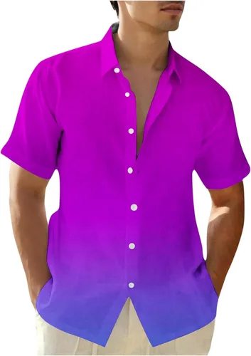 Vista 14 de Camisas con botones para hombre, de moda, de manga corta, color degradado, ajuste holgado, para vacaciones, playa, verano