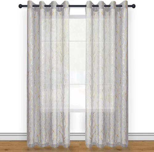 Vista 2 de Kotile Cortinas traslúcidas de rama de árbol – Cortinas traslúcidas grises con estampado de rama de árbol en lámina dorada metálica de 63 pulgadas