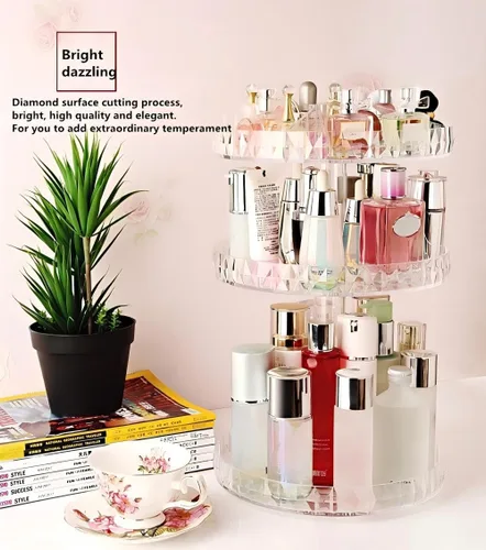 Vista 2 de Organizador de perfumes, organizador de maquillaje giratorio de 360 grados, caja de almacenamiento de cosméticos de diamante, estante giratorio