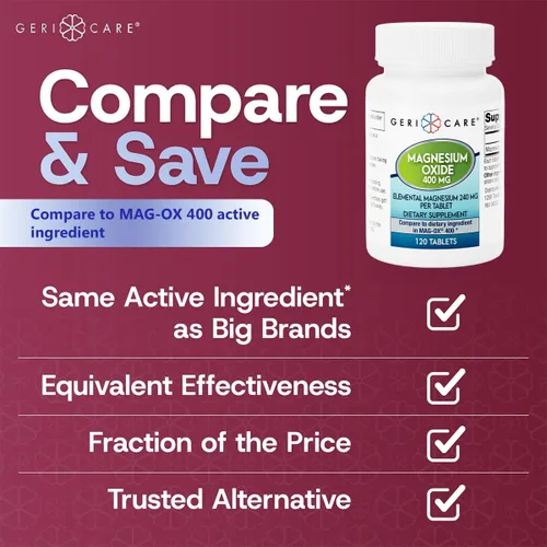 Vista 4 de GeriCare Suplemento de óxido de magnesio 240 mg de magnesio elemental, 120 tabletas, apoyo mineral esencial, promueve la salud vascular, la fuerza